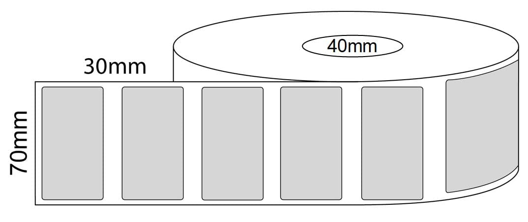 70x30mm Thermal Transfer Labels - 40mm Core Rolls - 1,500 or 2,000 Labels Per Roll - Matt or Gloss Paper - Barcode Print
