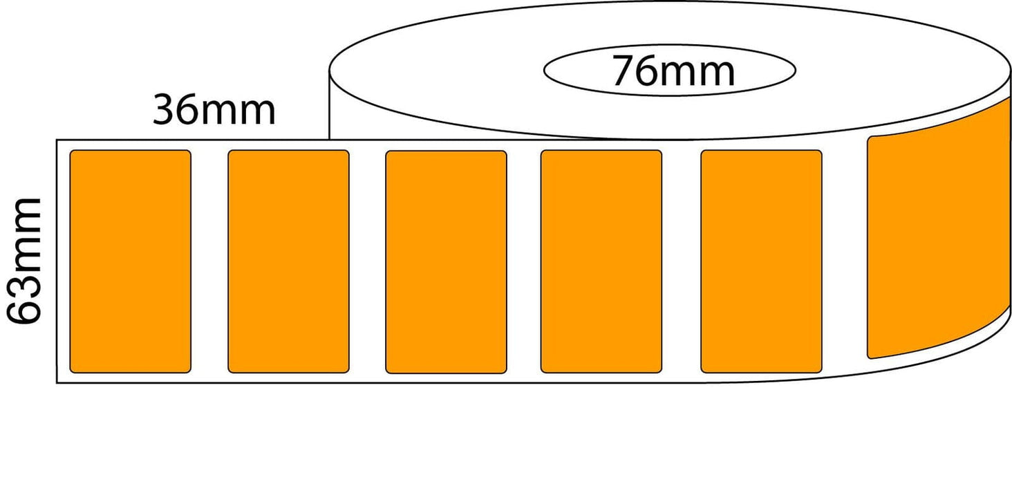 63x36mm Thermal Transfer Labels - Orange - 76 mm Core - 4,500 Labels per Roll - Barcode Print